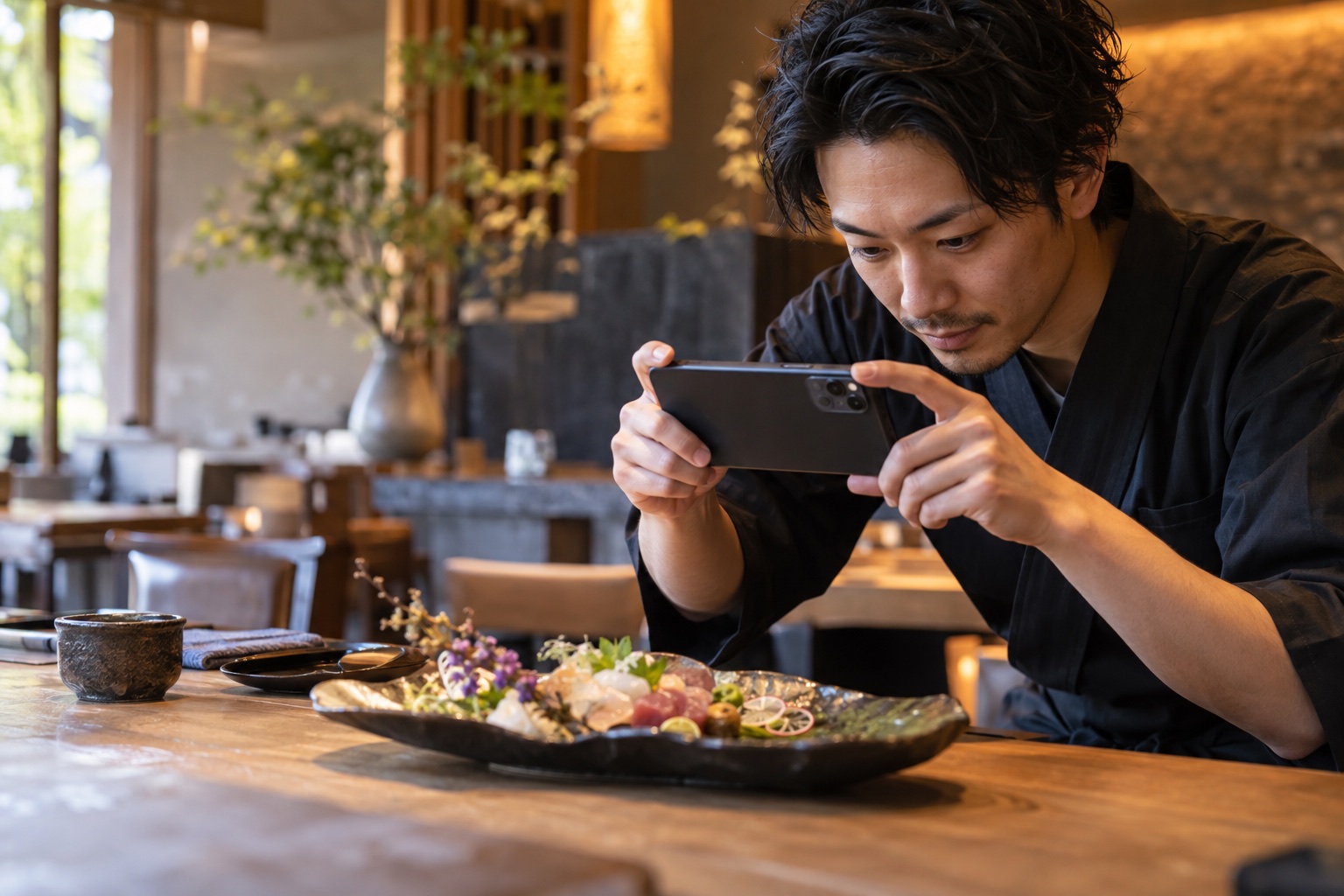 日本人の飲食店スタッフが料理をスマートフォンで撮影して投稿する様子