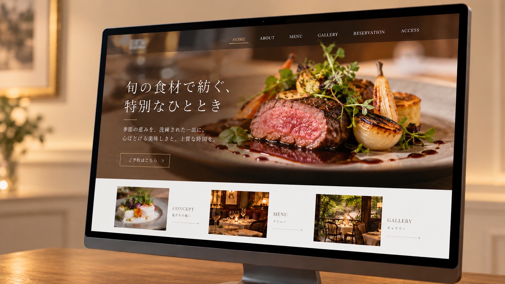 シンプルな背景の前で洋風レストランの公式Webサイトを表示したPC画面