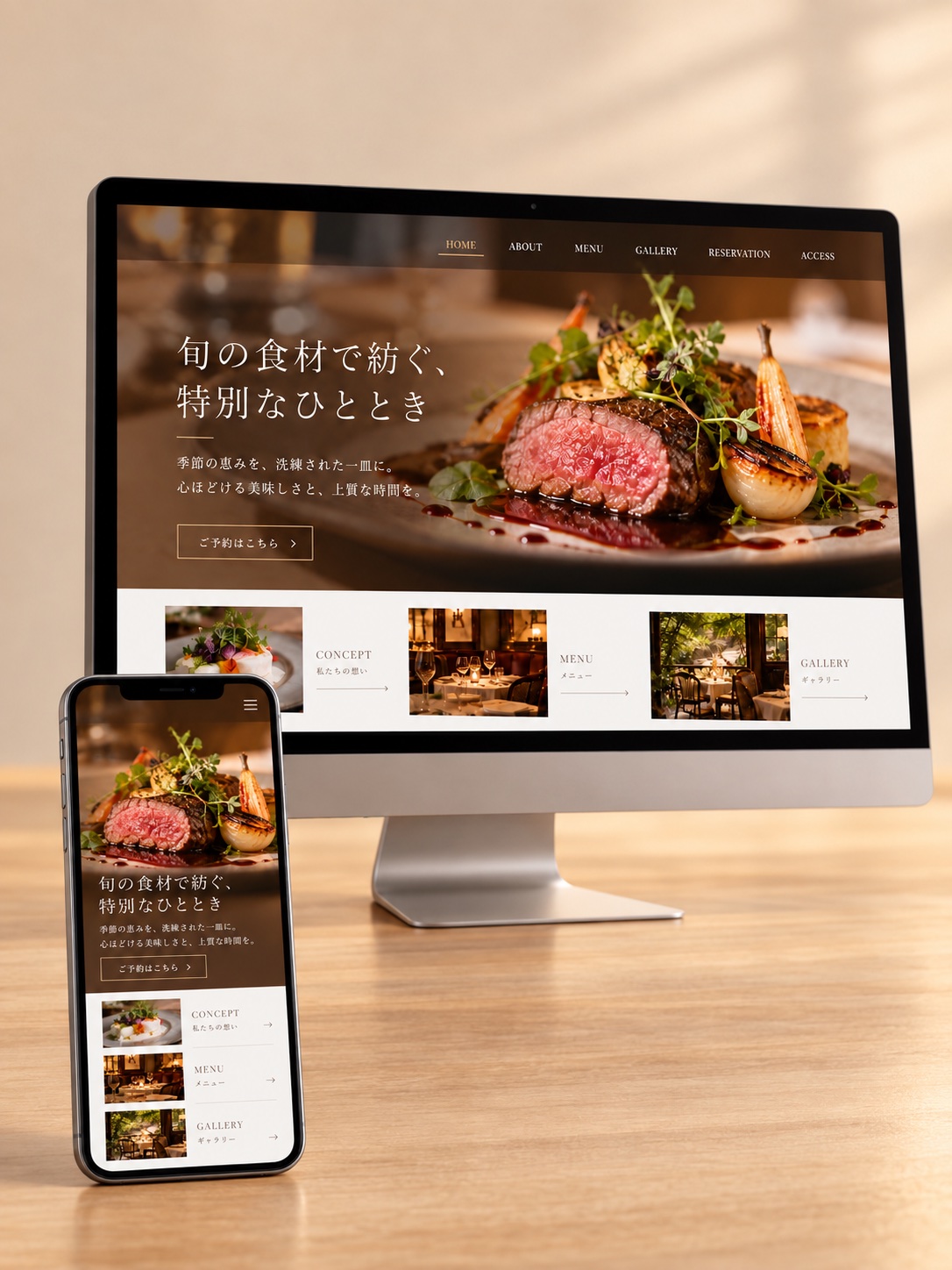 洋風レストランのWebサイトを表示したPCとスマートフォン